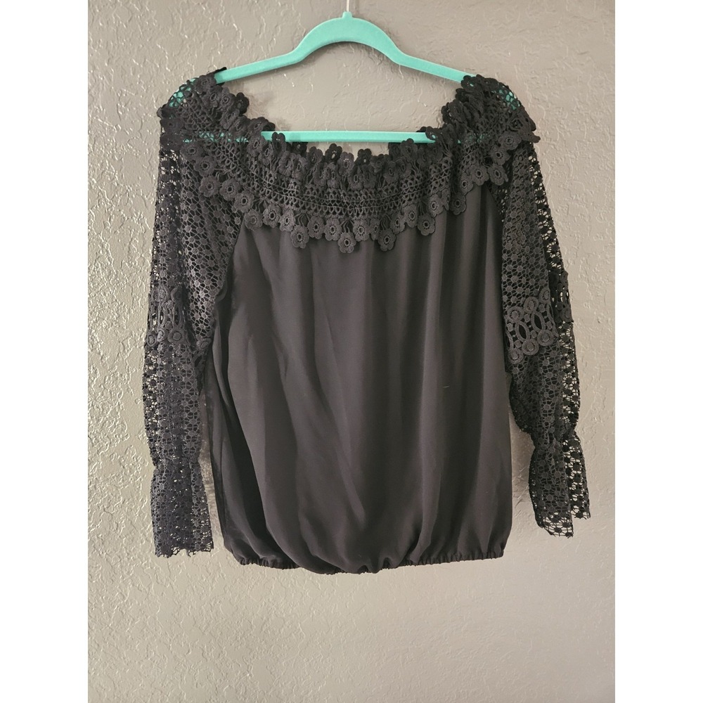 Vintage‎ Black Lace Off The Shoulder Blouse Crochet Floral Peasant Top Large